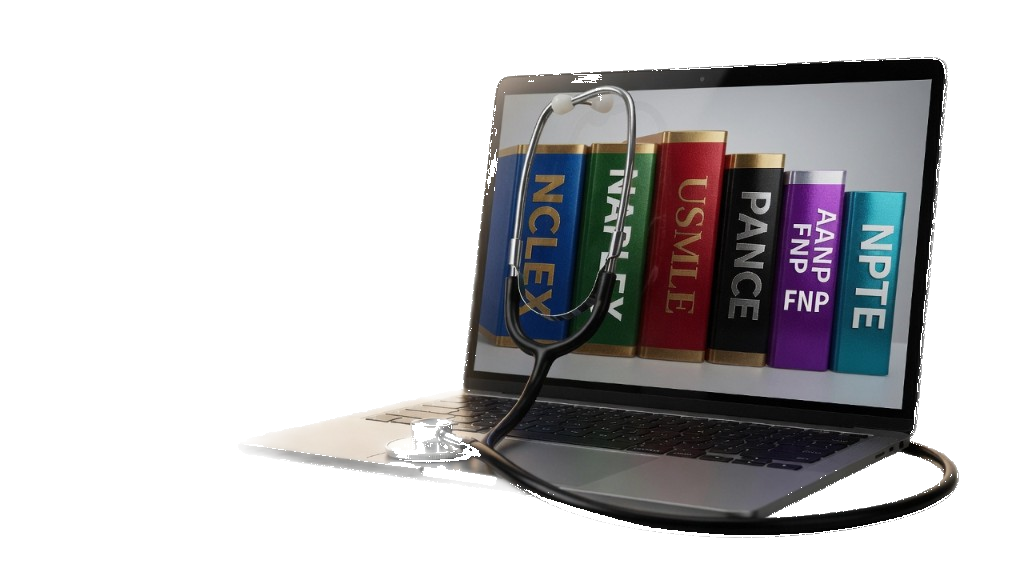 Laptop with a stethoscope showing NCLEX, NAPLEX, USMLE, PANCE, AANP FNP, and NPTE prep books — Any Exam Easy